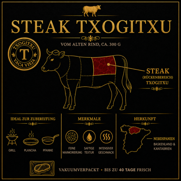 stake txogitxu infografia Alte fette Kuh Steak Txogitxu - ca. 300